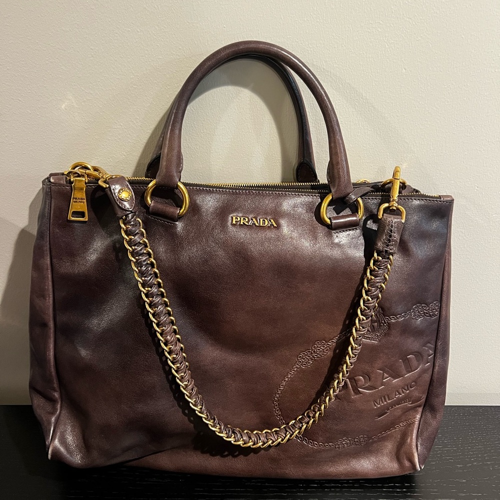 Vintage Prada Dark Brown Leather Satchel with Gold Chain